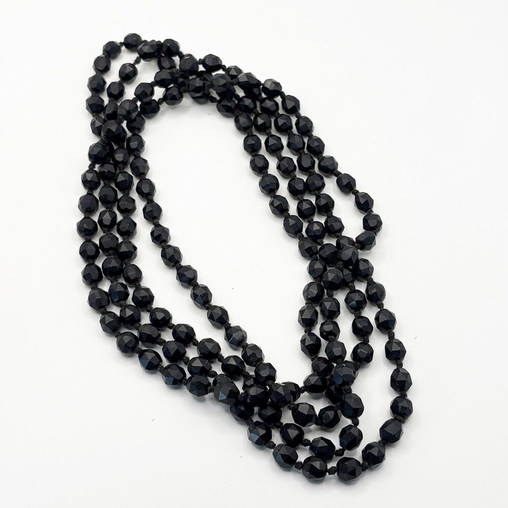 Vtg Faceted Black Glass Mourning Bead Long Necklace Victorian Art Deco Flapper